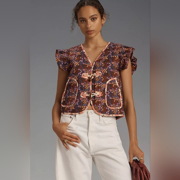 NWT DOLAN Printed Ruffled Toggle Vest Large